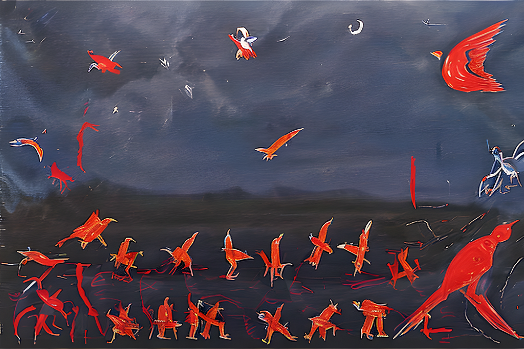 A Painting of Birds Flying in the Night Sky in Red and Black