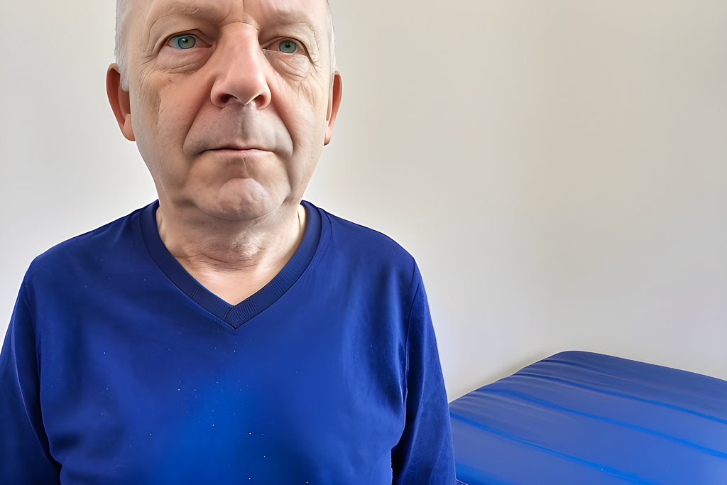a man in a blue shirt standing in front of a bed