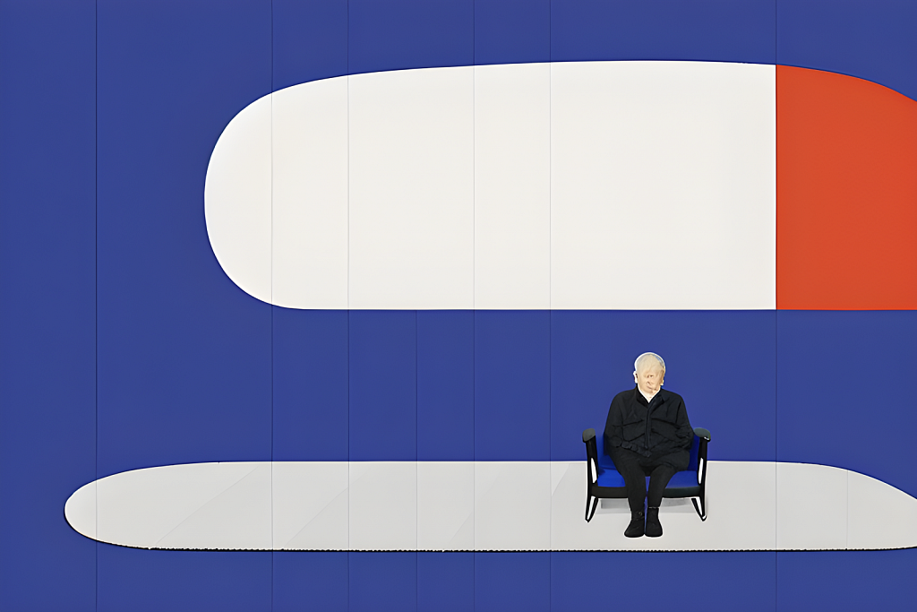 a man sitting in a chair in front of a large white and blue background