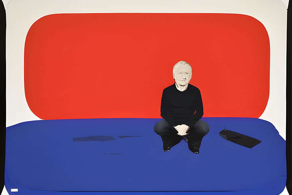 a man sitting on a red and blue couch