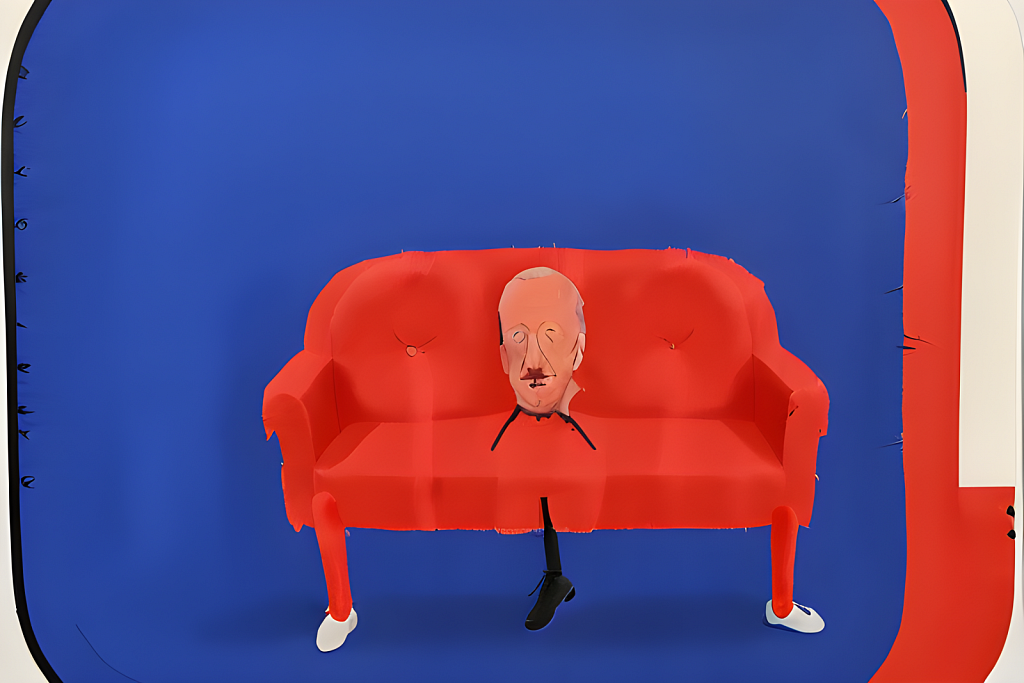 A red couch with a man's head on it
