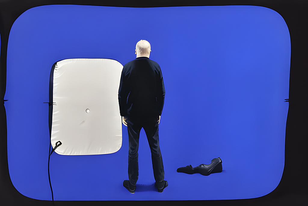 A man standing next to a white screen