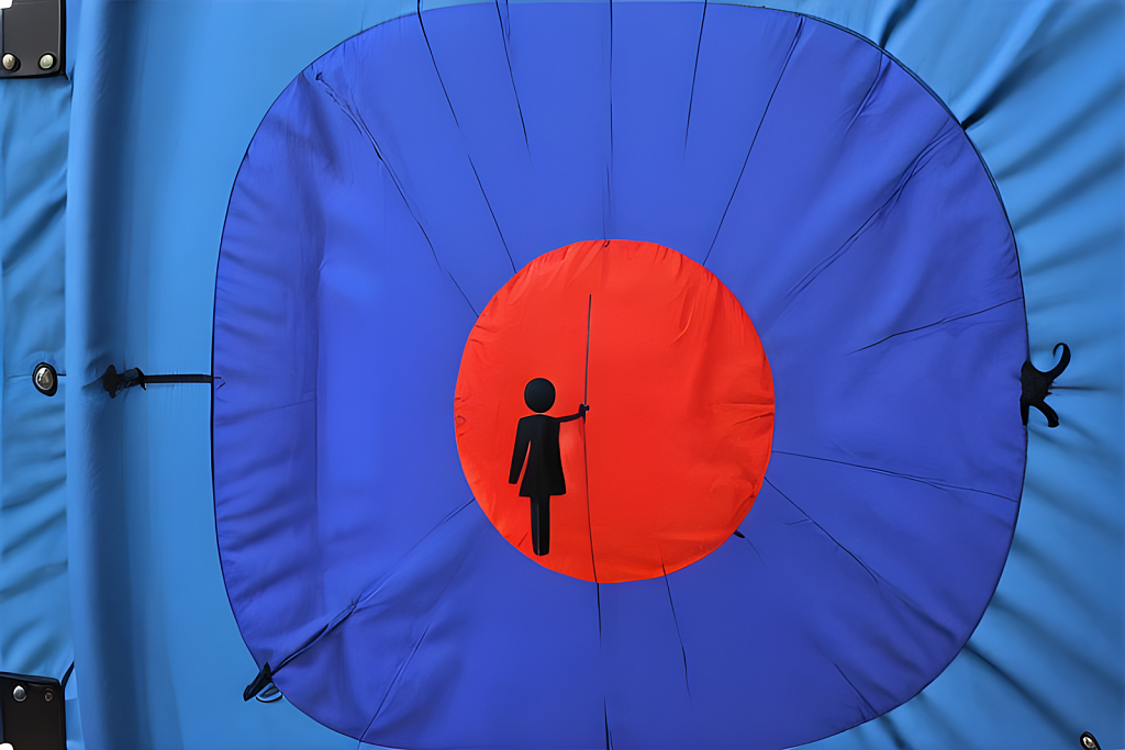 a person standing in front of a large blue and red circle