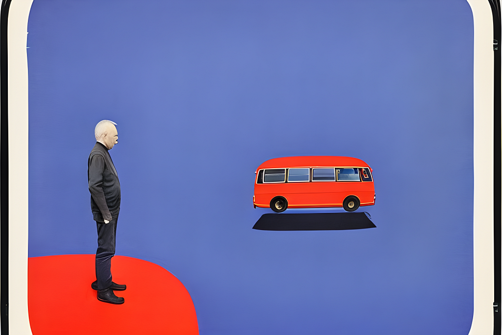 a man standing in front of a red bus