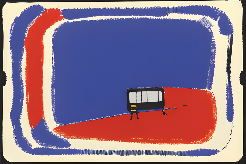 a painting of a bus sitting on a red and blue ground